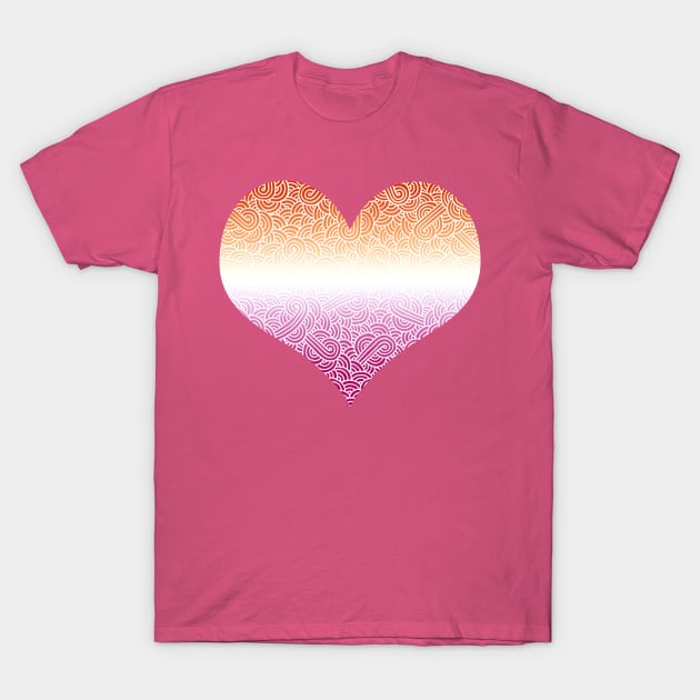 Ombré lesbian colours and white swirls doodles heart T-Shirt by Savousepate